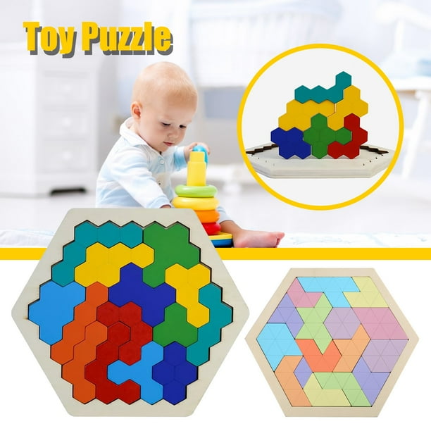 onlyliua para Interior/Exterior Rompecabezas Hexagonal de Madera para Niños y Adultos, Bloques con Formas y Patrones, Rompecabezas Tangram