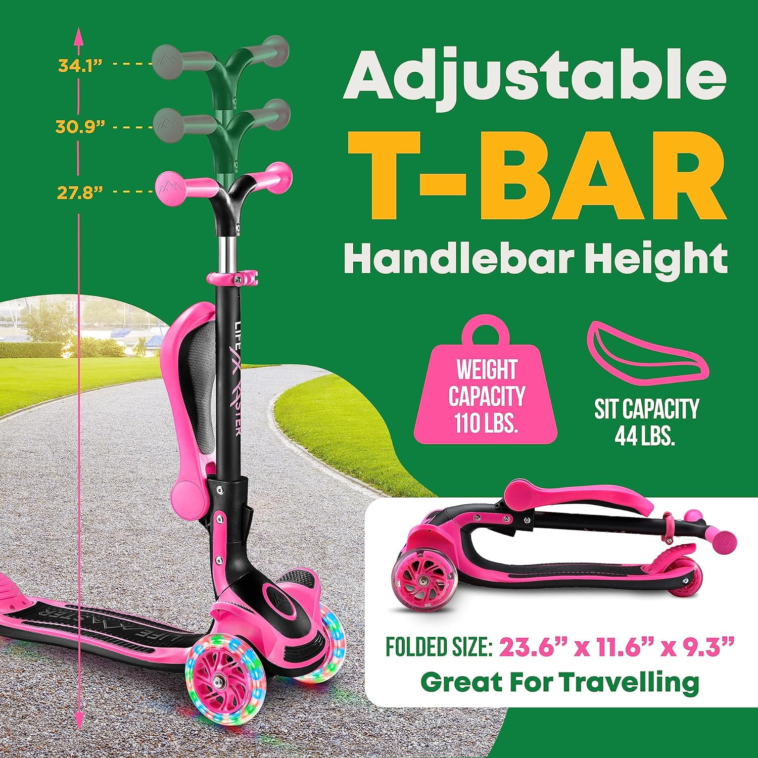 Kids Scooter – Foldable Seat – LED Wheel Lights Illuminate When Rolling – Children and Toddler 3 Wheel Kick Scooter – Adjustable Handlebar – Indoor and Outdoor- Pink - by Lifemaster