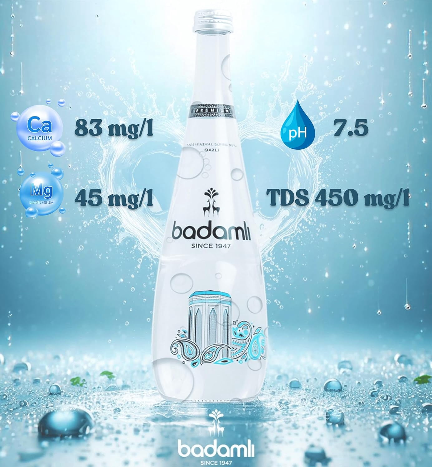 Badamlı Premium Natural Mineral Water pH 7.5 – 25.4 fl oz (750ml), Pack of 12, Glass Bottle, Naturally Sparkling