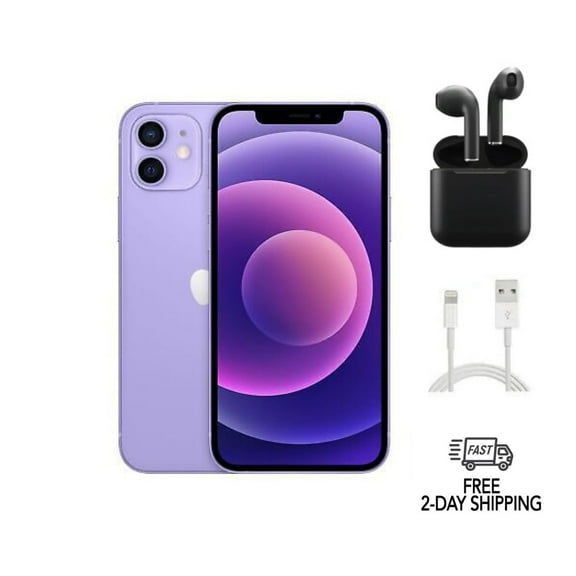 Pre-Owned Apple iPhone Bundle iPhone 12 with Wireless Earbuds (Unlocked), Purple, 256GB