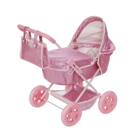 Olivia's Little World Baby Doll Bassinet Pram with Cover with Retractable Canopy & Storage, Hot Pink Glitter