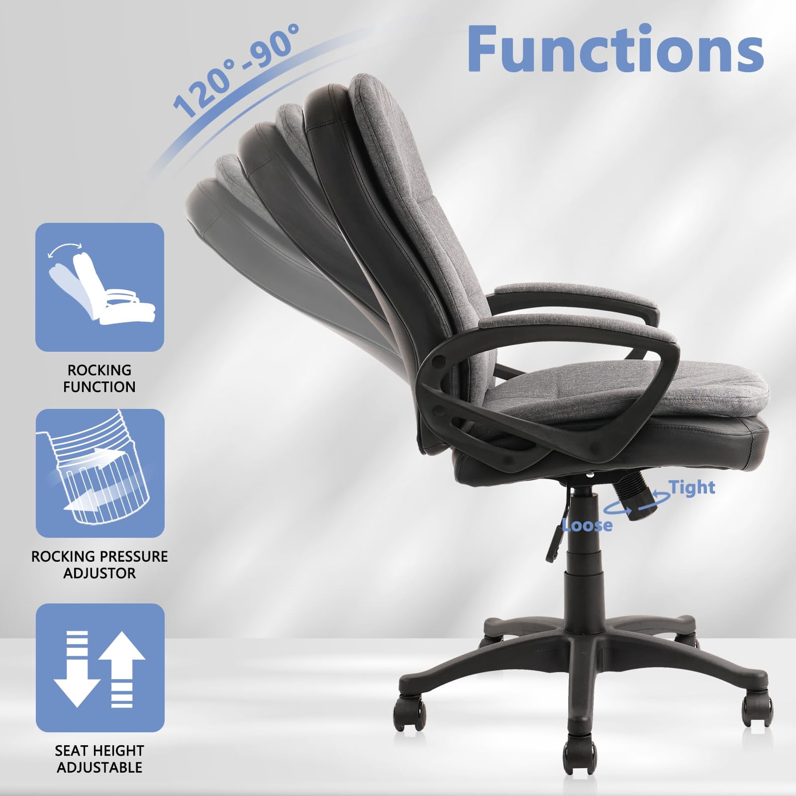 CLATINA Cloth Fabric Office Chair, 360° Swivel Rolling Desk Chair with Soft Upholstered Support Backrest, Adjustable Height Mid Back Ergonomic Computer Task Chairs with Arms and Wheels, Grey, 300LBS