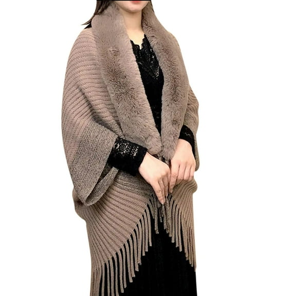 BWASD Shawl Wraps for Women Open Front Knitted Poncho Cape Scarf Plush Collar Tassel Fringed Loose Sweaters Casual Splicing Sweaters for Fall Winter Brown