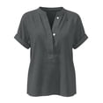 thumbnail image 3 of Summer Short Sleeve Tops Women Loose Fit V Neck Cotton Linen Shirts Solid Cozy Casual Beach Blouses (M, Gray), 3 of 7