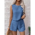 thumbnail image 5 of Womens 2 Piece Summer Linen Outfits Short Sets Round Neck Sleeveless Tank Top Elastic High Waisted Shorts Blue M, 5 of 8