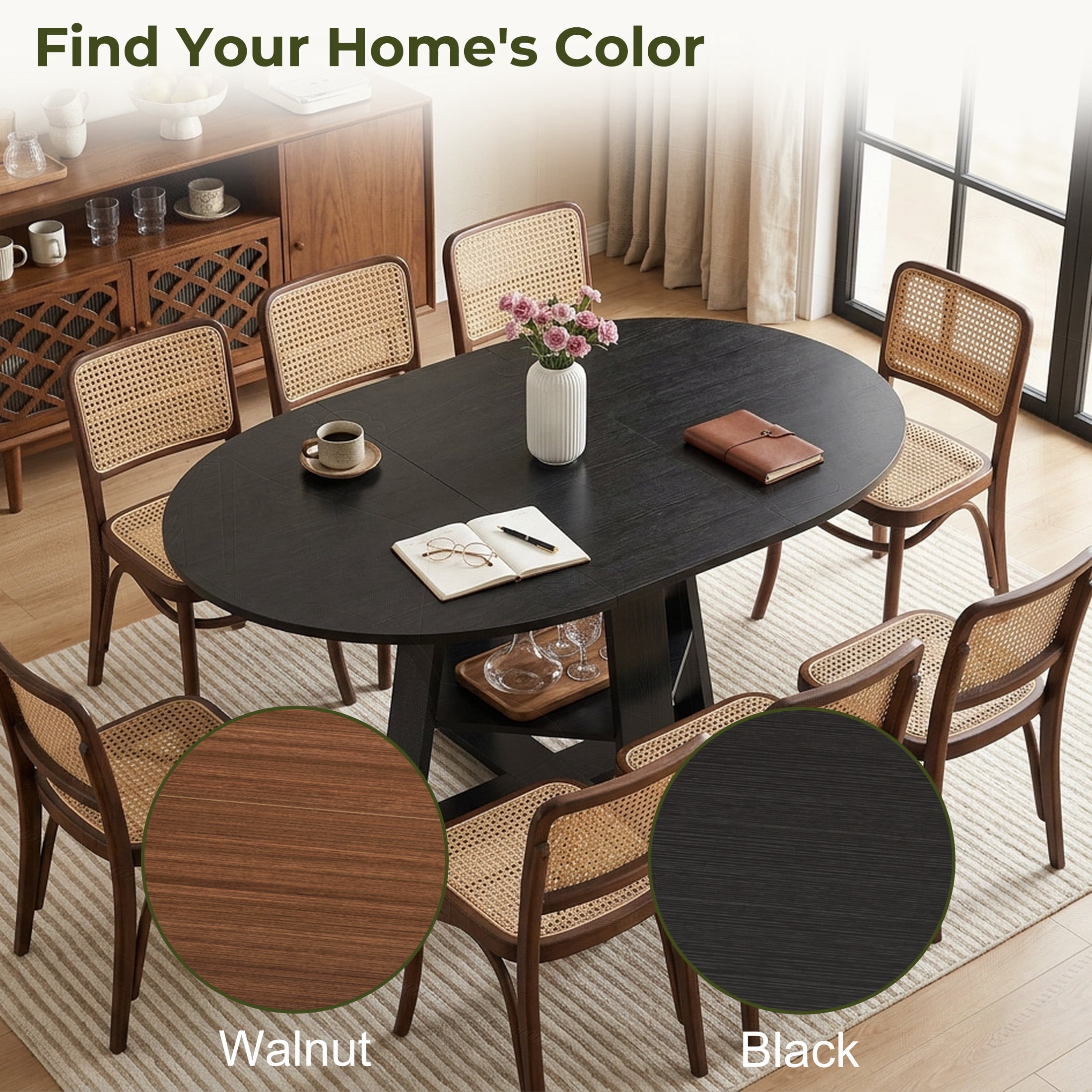 EDX 43.3″–59″ Extendable Round Dining Table for 4-8, Modern Oval Dining Table with Removable Leaves, Wooden Kitchen Table with Storage Shelf Base, Space Saving for Kitchen Living Room, Black