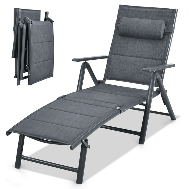 Patiojoy Patio Reclining Chaise Lounge Outdoor Adjustable Folding Chair W/ 7 Backrest Positions & Removable Pillow