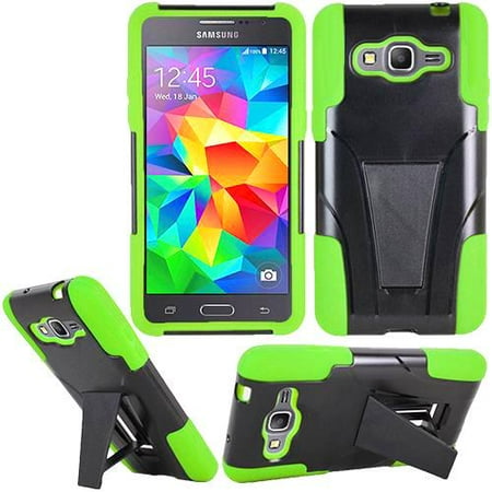 Gp Phone Cases Phone Case for Straight Talk Samsung Galaxy GRAND Prime 4G LTE / Go Prime GoPhone (AT&T) Rugged Cover Kickstand ( T-Stand Black-Neon Corner ) ()