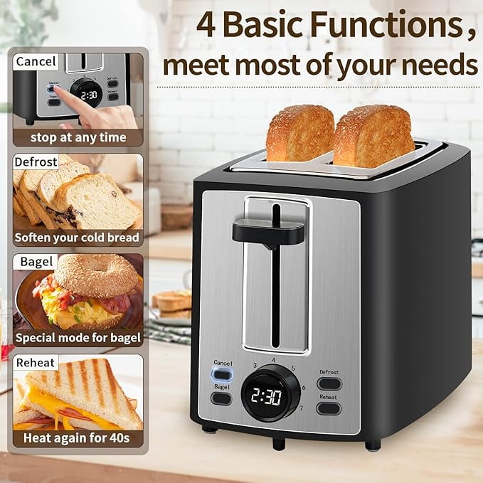 Toaster 2 Slice, Bread Toaster with LCD Display, 7 Shade Settings, 1.４'' Extra Wide Slots Toaster with Cancel, Bagel, Defrost, Reheat Functions, Removable Crumb Tray, 900W, Carbon Black