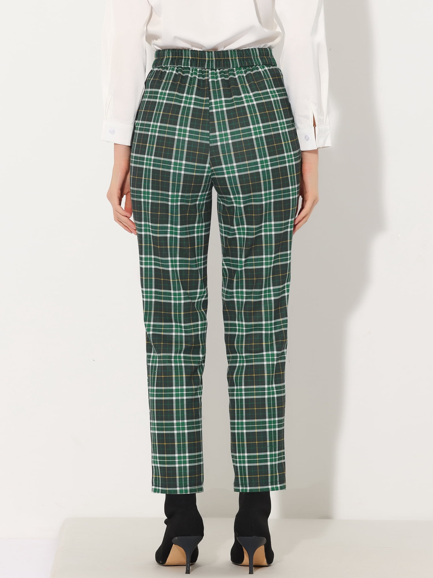 DARING DIVA Women's Tartan Plaid Pants Elastic Waist Straight Trousers L Green White