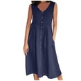 thumbnail image 3 of successthop Dresses for Women Linen Button Up Sleeveless Ankle Length Clothes Flowy V Neck Summer Dress with Pocket Blue, 3 of 7