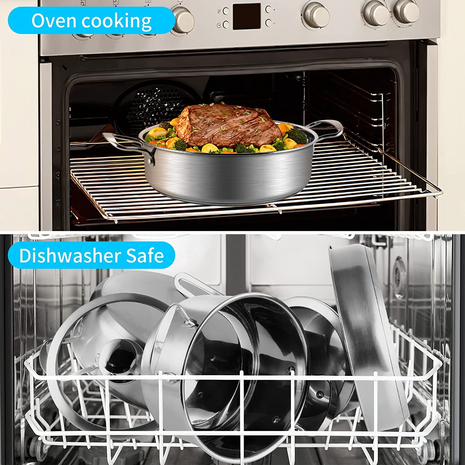 Stainless Steel Pots and Pans Set, 7-Piece Kitchen Cookware with Glass Lids, Stay-Cool Handles, Oven Safe for Induction Electric Gas, Dishwasher Safe Silver