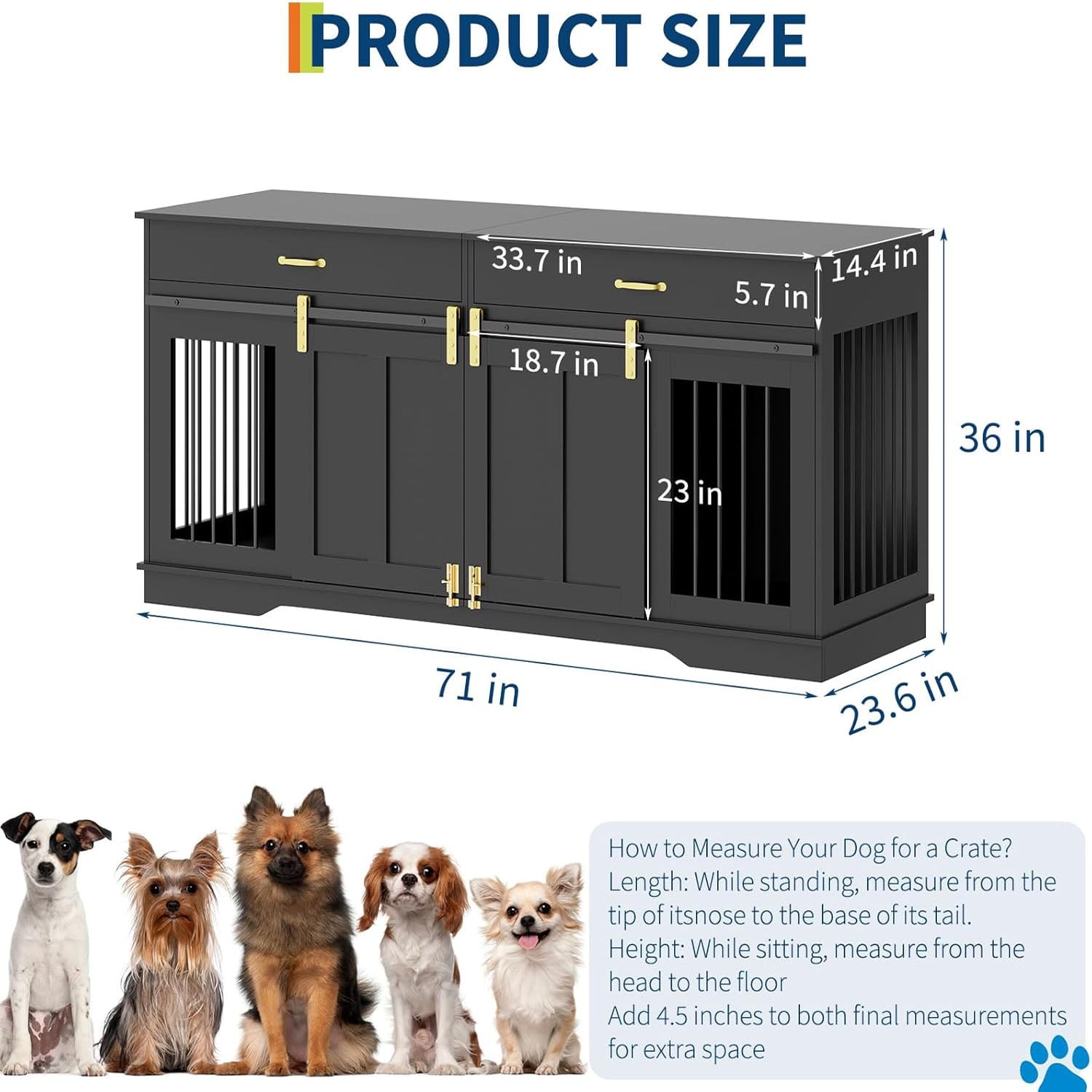Ataucjin 71" Dog Crate TV Stand for 2 Large Dogs, Extra Large Double Dog Kennel Furniture with 2 Drawers and 2 Lockable Sliding Doors, Wooden Furniture Dogs Crate for Indoor Home Living Room