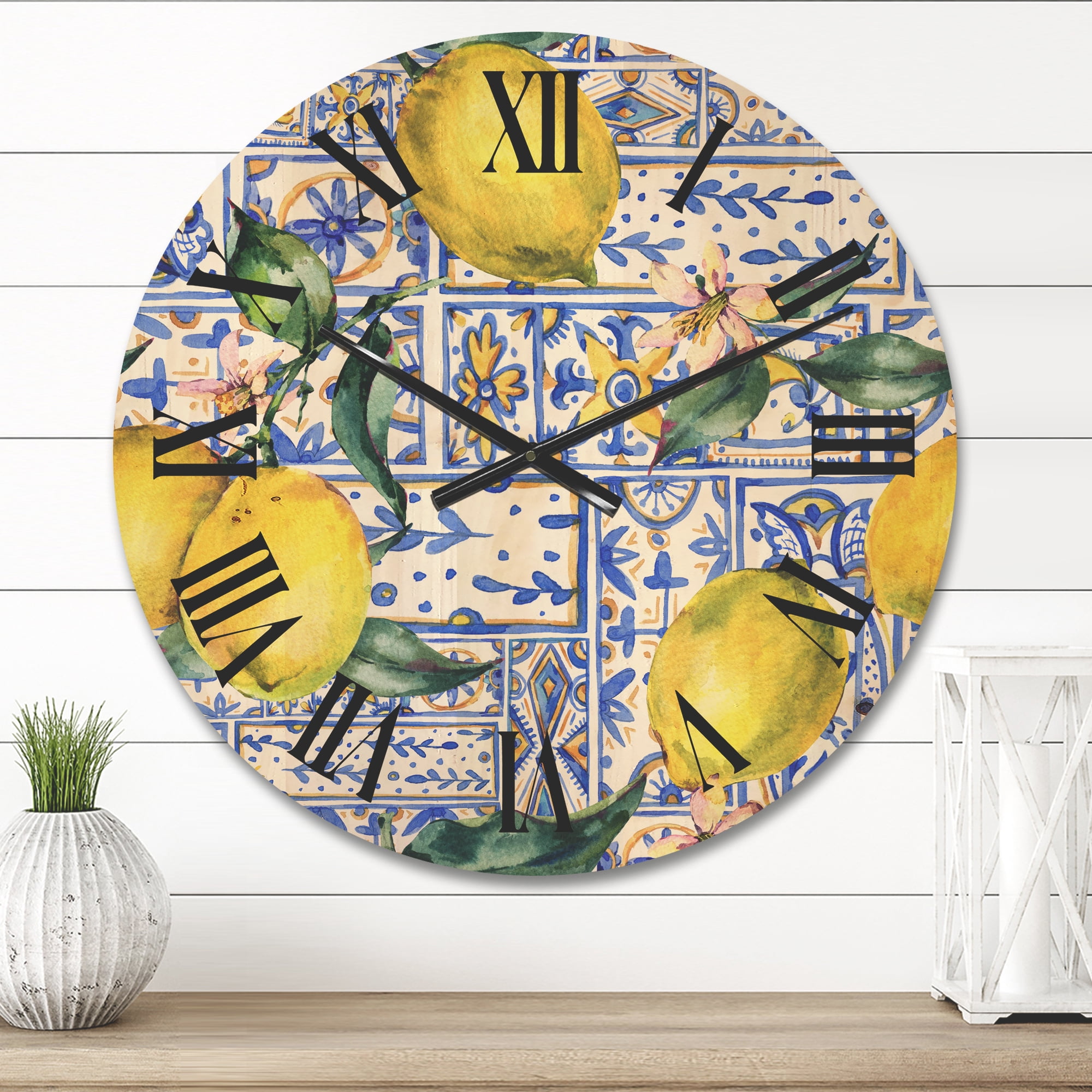 Designart 'Geometrical Pattern of Lemon Ornament On Blue I' Tropical Wood Wall Clock