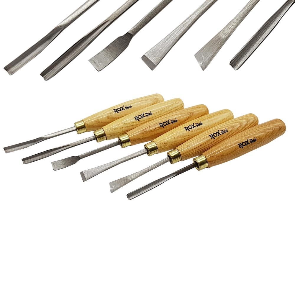 Rox Wood  Woodworking Wood Carving Tools Set with Brass Rings, CRV60 Blades in a Wooden Storage Case - 6 Piece
