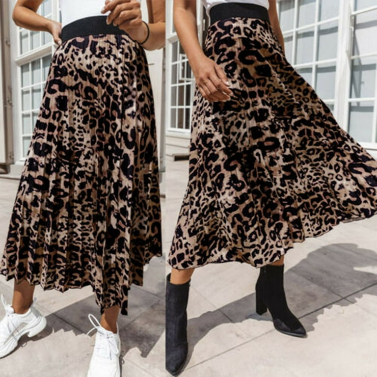 Women Leopard Print Pleated Skirt Ladies Elasticated High Waist