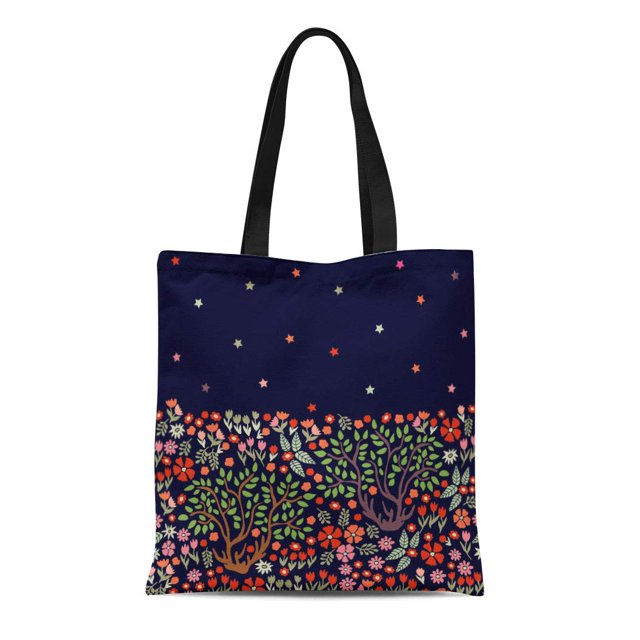 POGLIP Canvas Tote Bag Green Magic Night Garden Abstract Floral Border Trees Durable Reusable Shopping Shoulder Grocery Bag