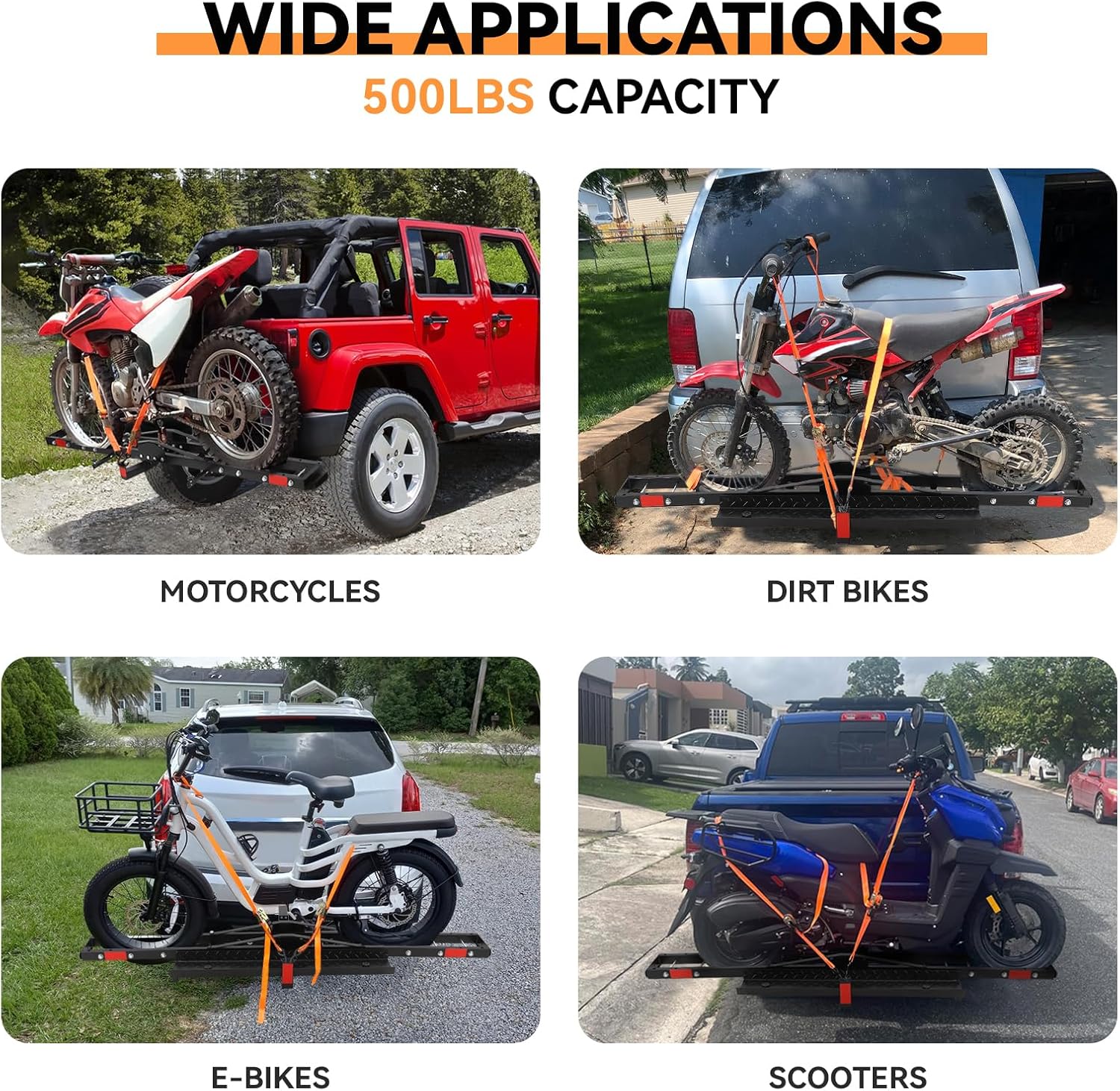 Yesurprise 500LBS Motorcycle Hitch Carrier, Heavy Duty Steel Dirt Bike Hitch Hauler with Tie-Down Straps & Hitch Tightener, 2" Receiver, 5" Wide Tire