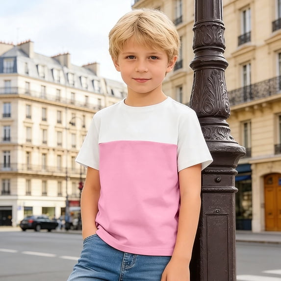 lnmuld Boys' Color Block T-Shirt - Pink & Black Contrast Design Short Sleeve Crew Neck Casual Tee Size:10-11 Years