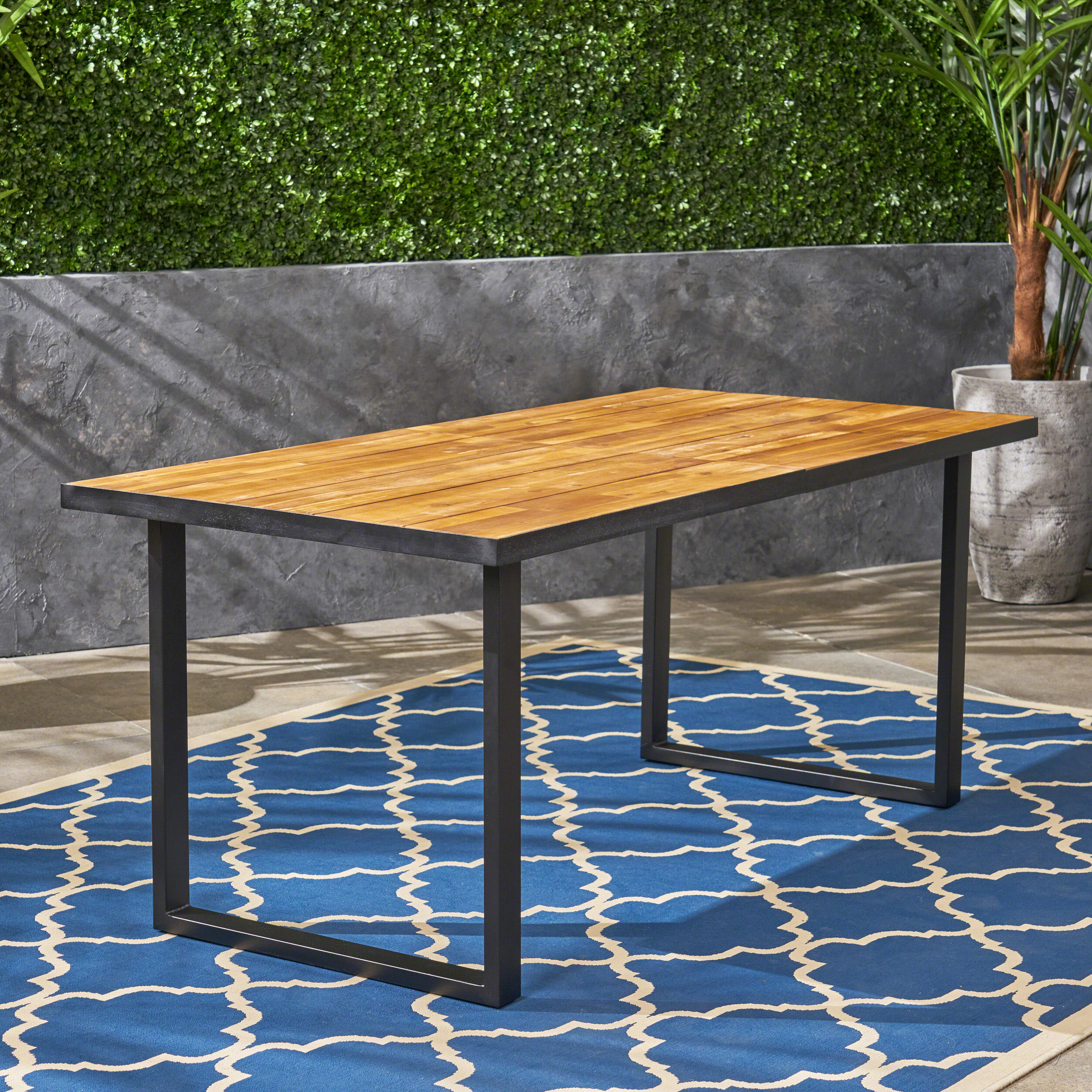 Outdoor Dining Table 70 Inch, Large Size Acacia Wood Tabletop for Patio Garden Yard, Teak and Black