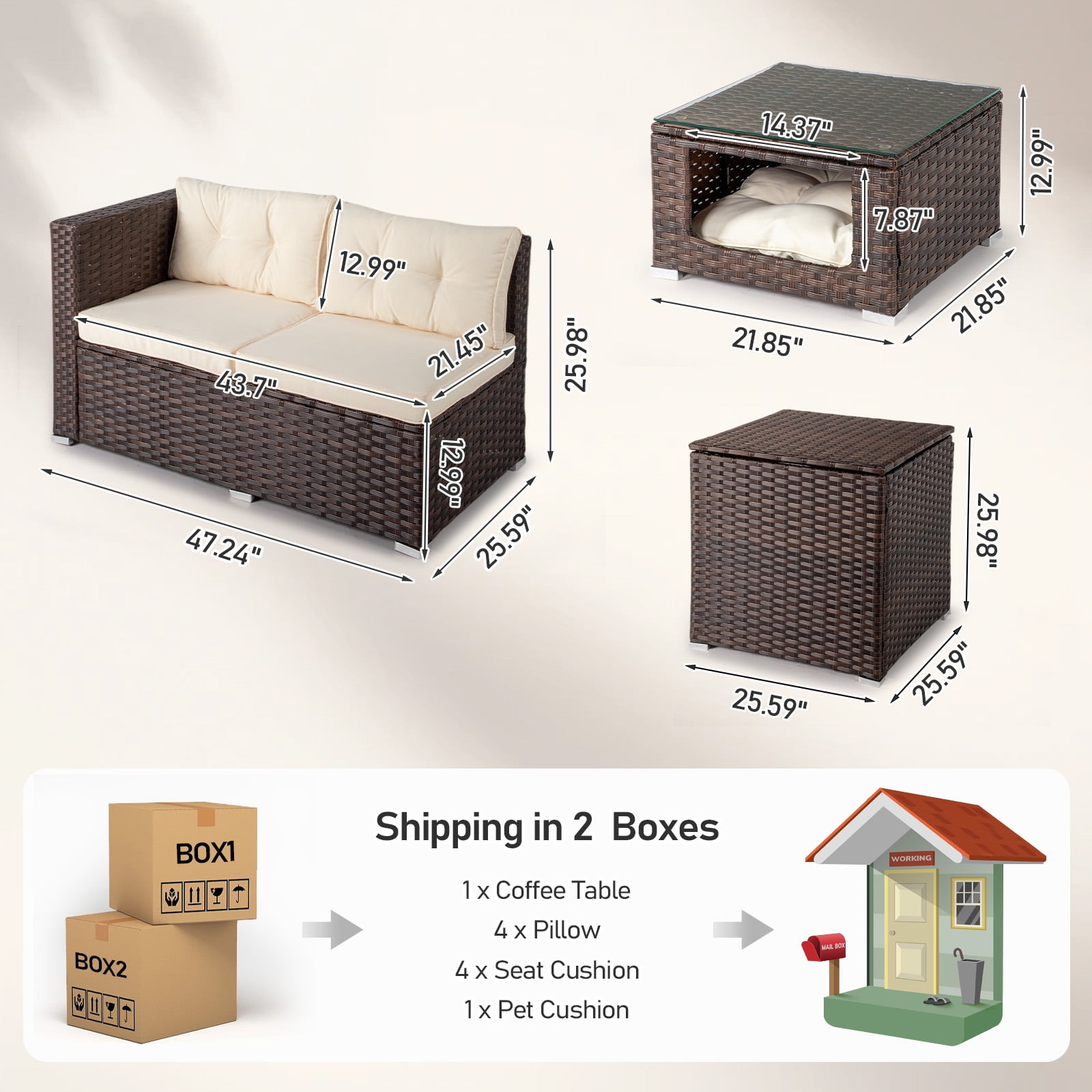 Ktaxon 4 Pieces Modular Patio Sectional with Storage Box & Pet Table, All-Weather PE Wicker, Brown Frame Peacock off-white Cushions