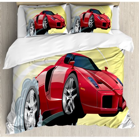 Cars Duvet Cover Set, Powerful Cartoon Red Car Speeding Jumping with Smoke Coming Out Of Giant Tires, Decorative Bedding Set with Pillow Shams, Red Yellow Gray, by