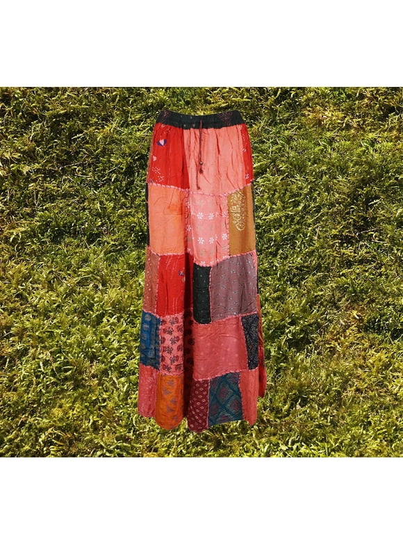 Mogul Womens Handmade Boho Patchwork Skirt, Red Maxi Skirts, Ethnic Vintage Long Skirt, Recycle Red Long Skirts S/M/L