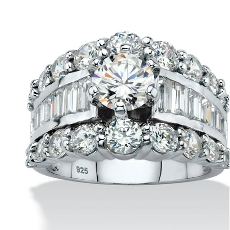 - Round Cubic Zirconia Triple Row Engagement Ring 6.40 TCW with Baguette Accents in Sterling Silver