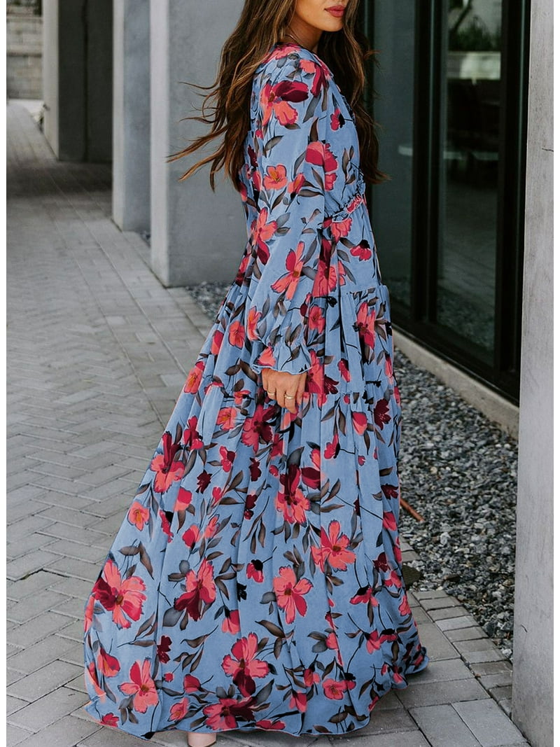 ヌキテパ event FLOWER SLEEVE DRESS Ｍ SHEWIN Women's Long Maxi Dresses Deep V Neck Floral Boho