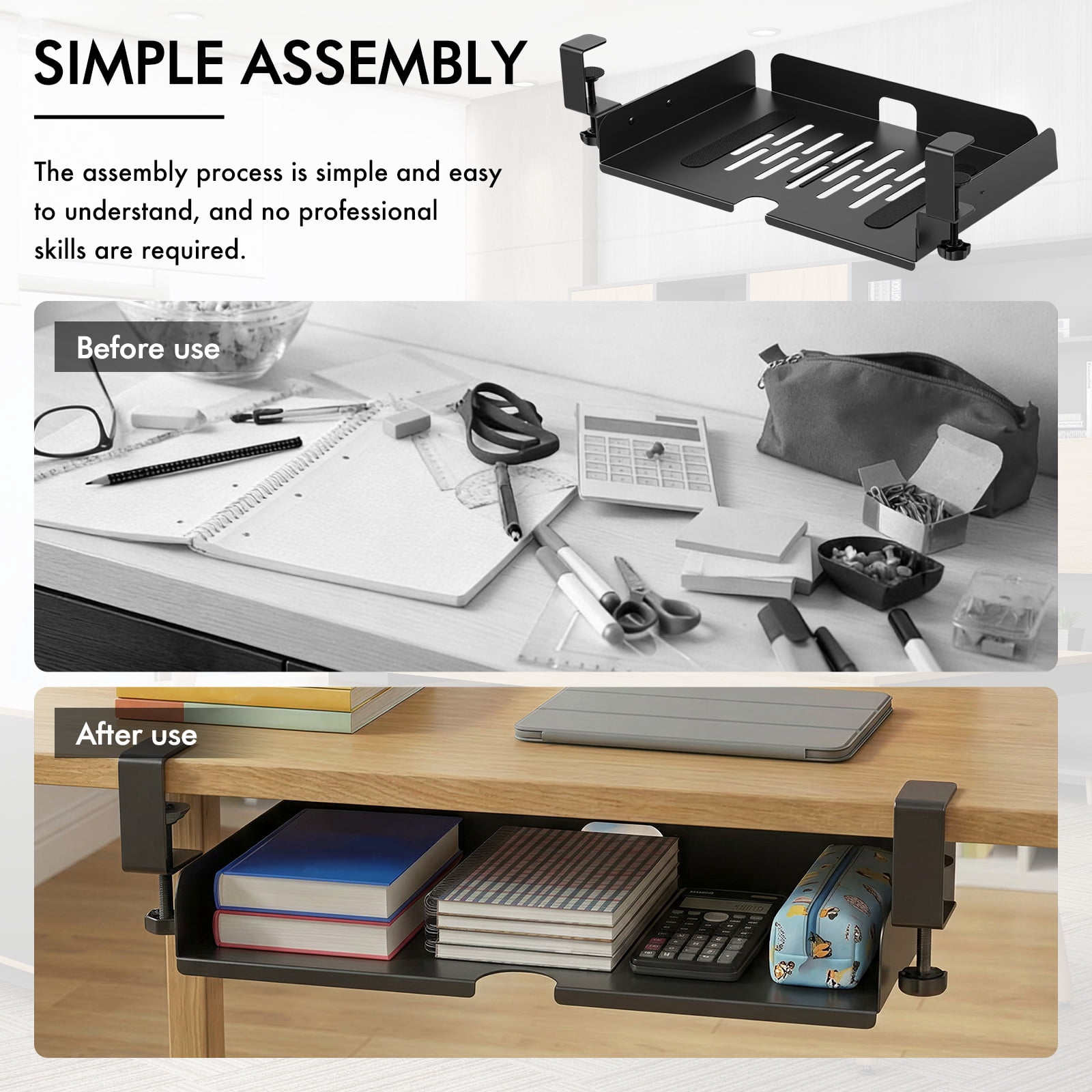 Grusce Under Desk Laptop Storage Shelf No Drill Metal Under Table Storage Tray with Cable Management and Clamp Mount Hold Up to 20 kg for Home Office Dorm