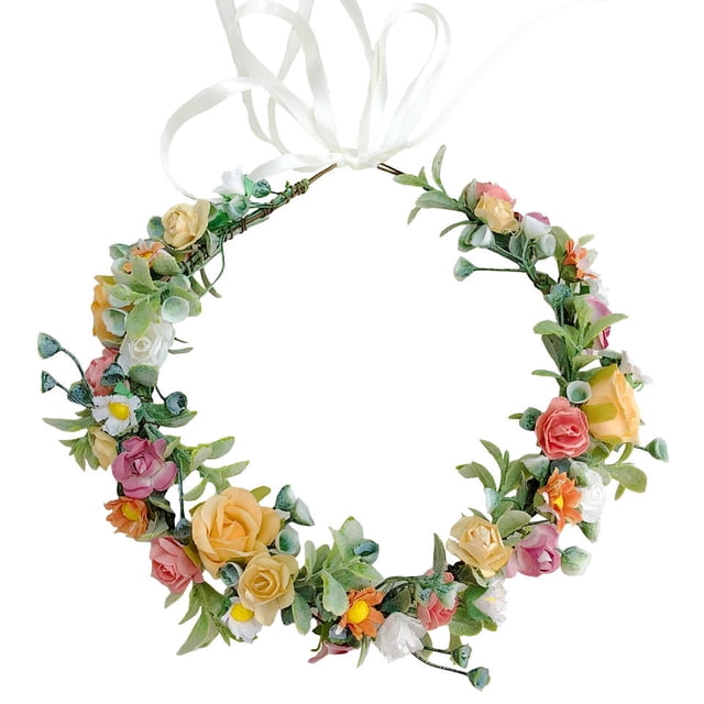 Corona floral de boda Corona de dama de honor, Diademas de mujer, Corona de flores, Tocado floral de rosa y conjunto de pulsera, Diadema ajustable para fiesta Festival Playa Travle Boda