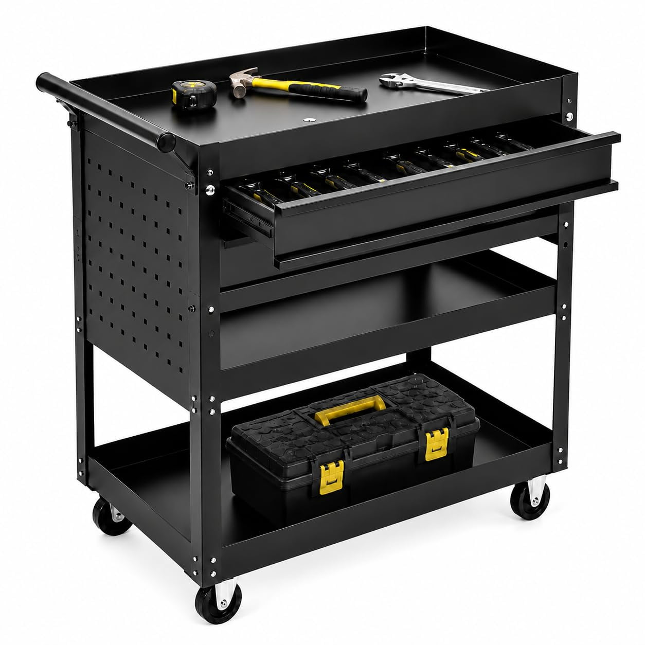 Heavy Duty 30 Inch 3-Tier Steel Rolling Tool Cart with 2 Drawers & Casters - Mobile Utility Storage for Garage Workshop Warehouse - Black