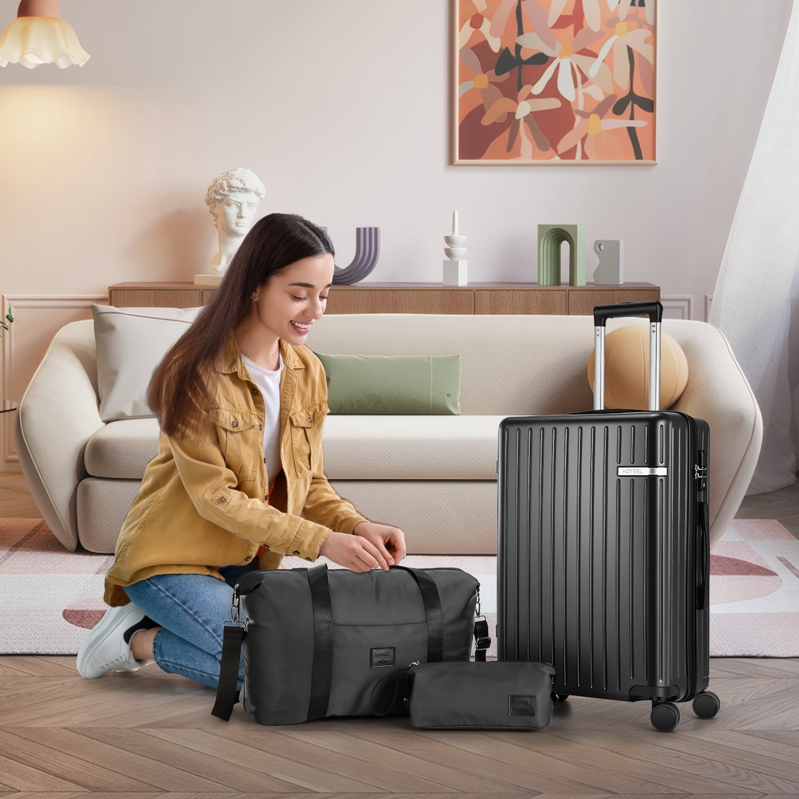 HOTEEL 20in Luggage Sets 3 Piece, PC Hardshell Suitcase with Spinner Wheels TSA Lock, Lightweight Travel Carry on Luggages with Luggage Bag&Toiletry Bag for Women and Men