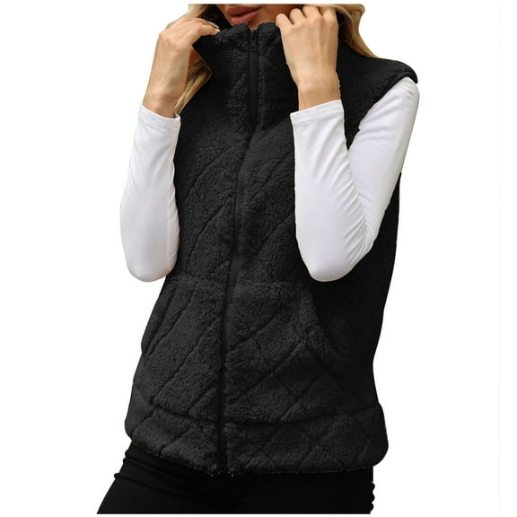 Lovskoo Womens Fuzzy Sherpa Fleece Jacket Vest Cozy Sleeveless Solid Cardigan Zipper Waistcoat Outerwear with Pocket Black