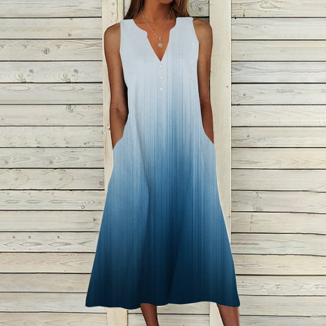 Yuyuzo Robe pour Femmes Grande Taille Été Décontractée Col en V Sans Manches Vintage Longue Robe Débardeur avec Poches