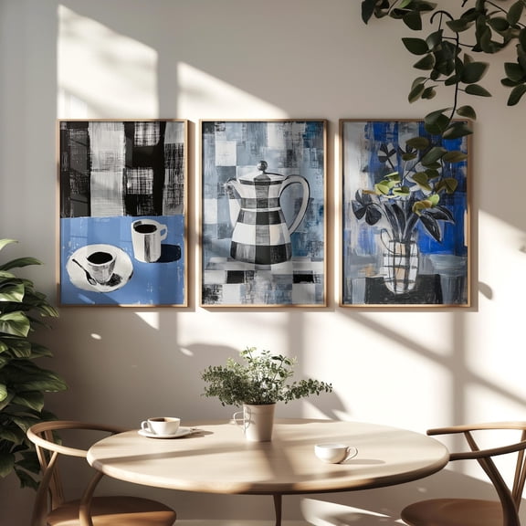 Luvia Modern Kitchen Set Of 3, Abstract Coffee And Teapot Black And Blue Decor, Still Life, Modern Wall Decor Set 3 Prints 8x12 UNFRAMED