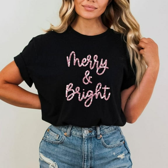 MiyazakiLy Sparkly Glitter Merry and Bright Christmas Shirt: Holiday Tee