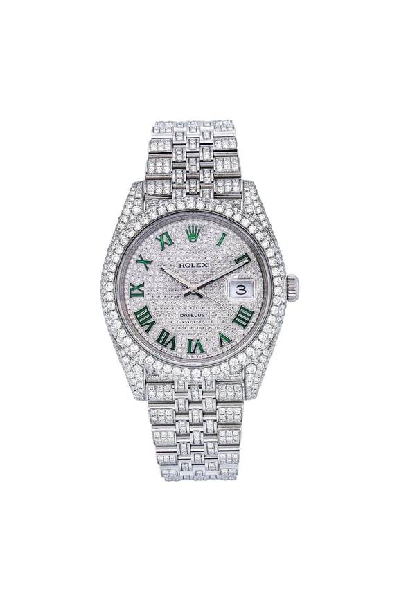 Pre-Owned Rolex Datejust 41MM 126300 Diamond Paved Green Roman Dial Diamond Bezel Stainless Steel Full Diamond Jubilee Bracelet