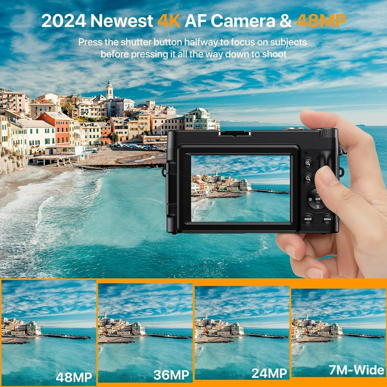 Digital Camera 4K Vlogging Camera for YouTube with 32G SD Card 180° 3''Flip Screen 16X Autofocus 48MP Video Cameras