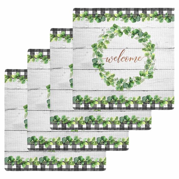 Spring Eucalyptus Leaves Kitchen Dish Towels for Drying Dishes Set of 4, Farmhouse Botanical Gray Wood Waffle Weave Microfiber Hand Tea Bathroom Towels Quick Dry & Absorbent Towel 12x12