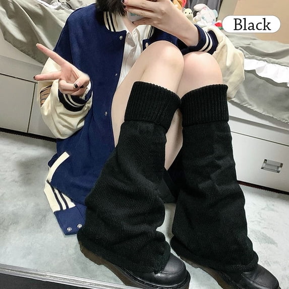 Japanese Fluffy Flared Kawaii Winter Knee-High Knitted Leg Warmers Boot Stocking Uniform BLACK