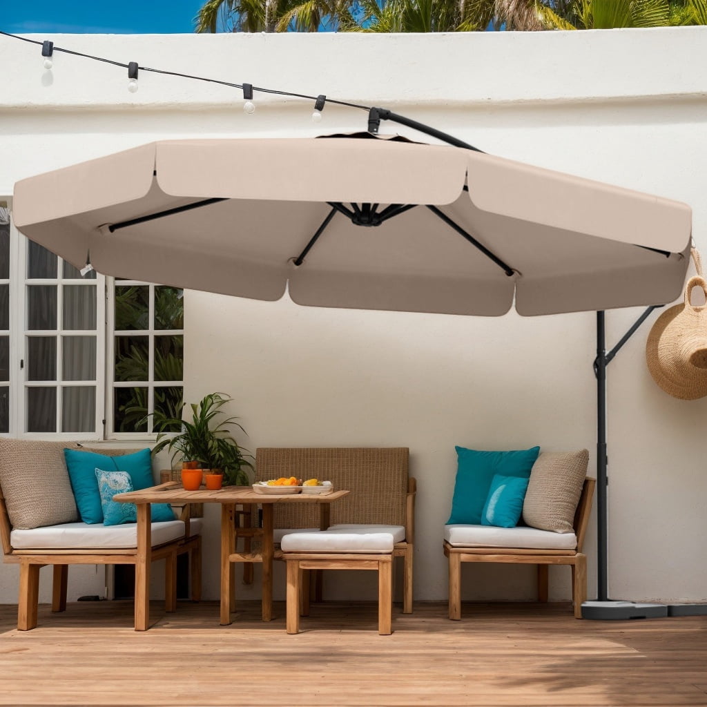 Yardi Yarda 10 Feet Patio Cantilever Umbrella with Cover Tilt Adjustment and Ruffled Edge, Outdoor Shade, Beige