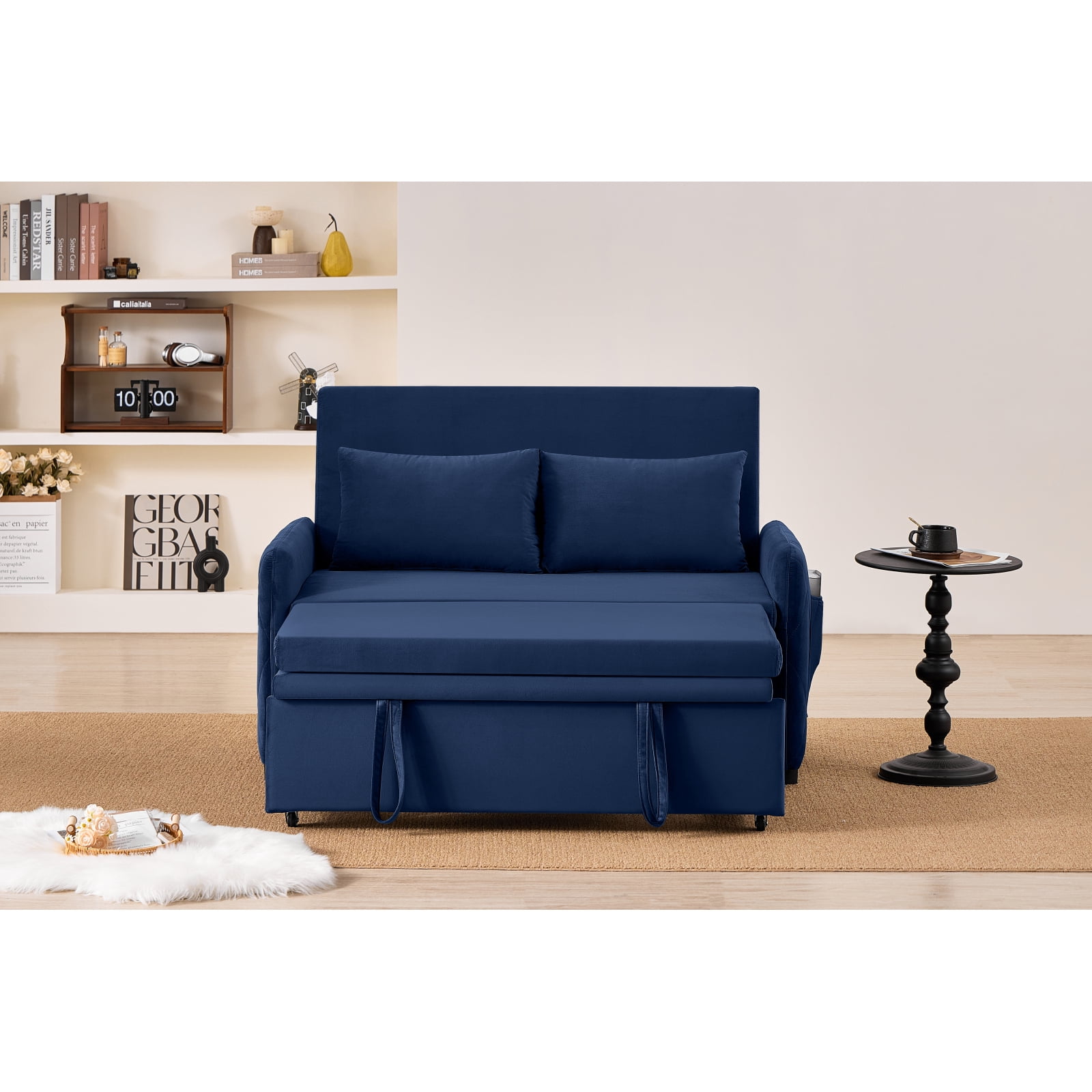 Leumius 3 in 1 Convertible Sleeper Sofa Bed, Modern Convertible Sofa Bed with 5-Position Adjustable Backrest,Velvet Pull Out Couch with Pull Out Bed for Living Room Furniture,Blue
