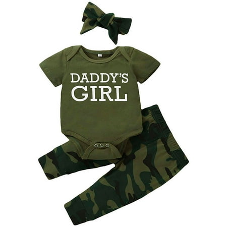 

QWERTYU Newborn Infant Baby Girl Boy 3PCS Letter Print Outfits Bodysuit and Camouflage Pants Set Summer Short Sleeve Clothes Set with Headband 0-12M Green 100