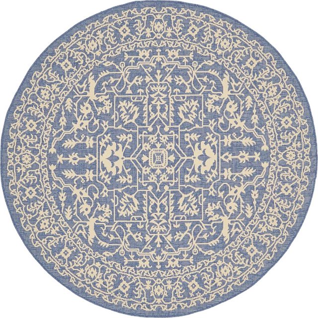 Unique Loom Outdoor Botanical Traditional Rug 6' x 6' Round Navy Blue/Beige
