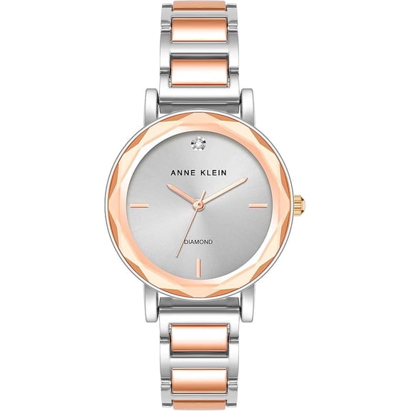 Anne Klein Two-Tone Silver and Rose Gold Facetted Crystal Diamond Accent Ladies Watch
