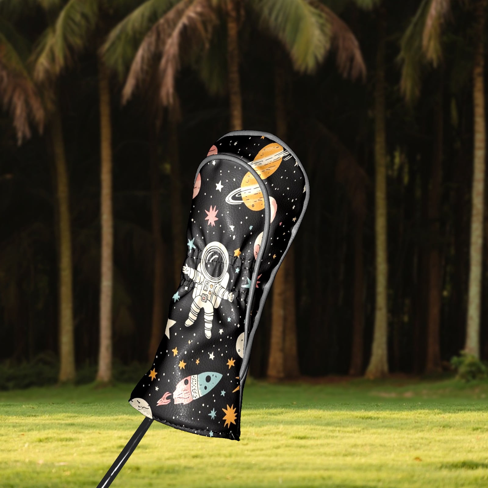 Golf Head Covers Astronaut & Planet Design for Driver, Wood & Hybrid, Premium Waterproof PU Leather with Plush Lining, Space Themed Golf Gifts