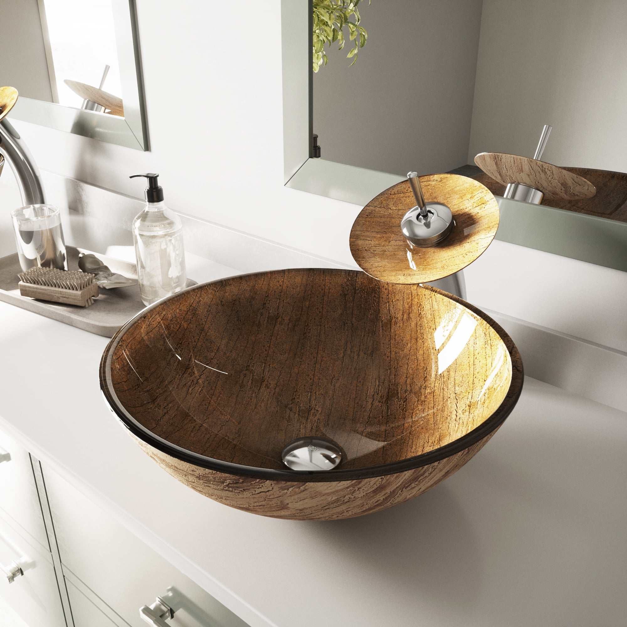 Open Box VIGO Giovanni Amber Sunset Glass 17 in. L x 17 in. W x 6 in. H Round Vessel Bathroom Sink