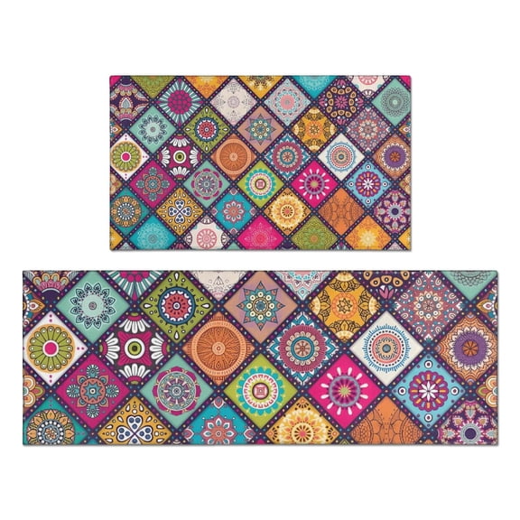 Multicolor Ethnic Mandala Pattern Kitchen Rugs Sets Of 2,Anti Fatigue Kitchen Mat Rugs Non Slip Washable,Decorative Kitchen Floor Mats for Kitchen,Sink,Laundry,17"x30" 17"x47"