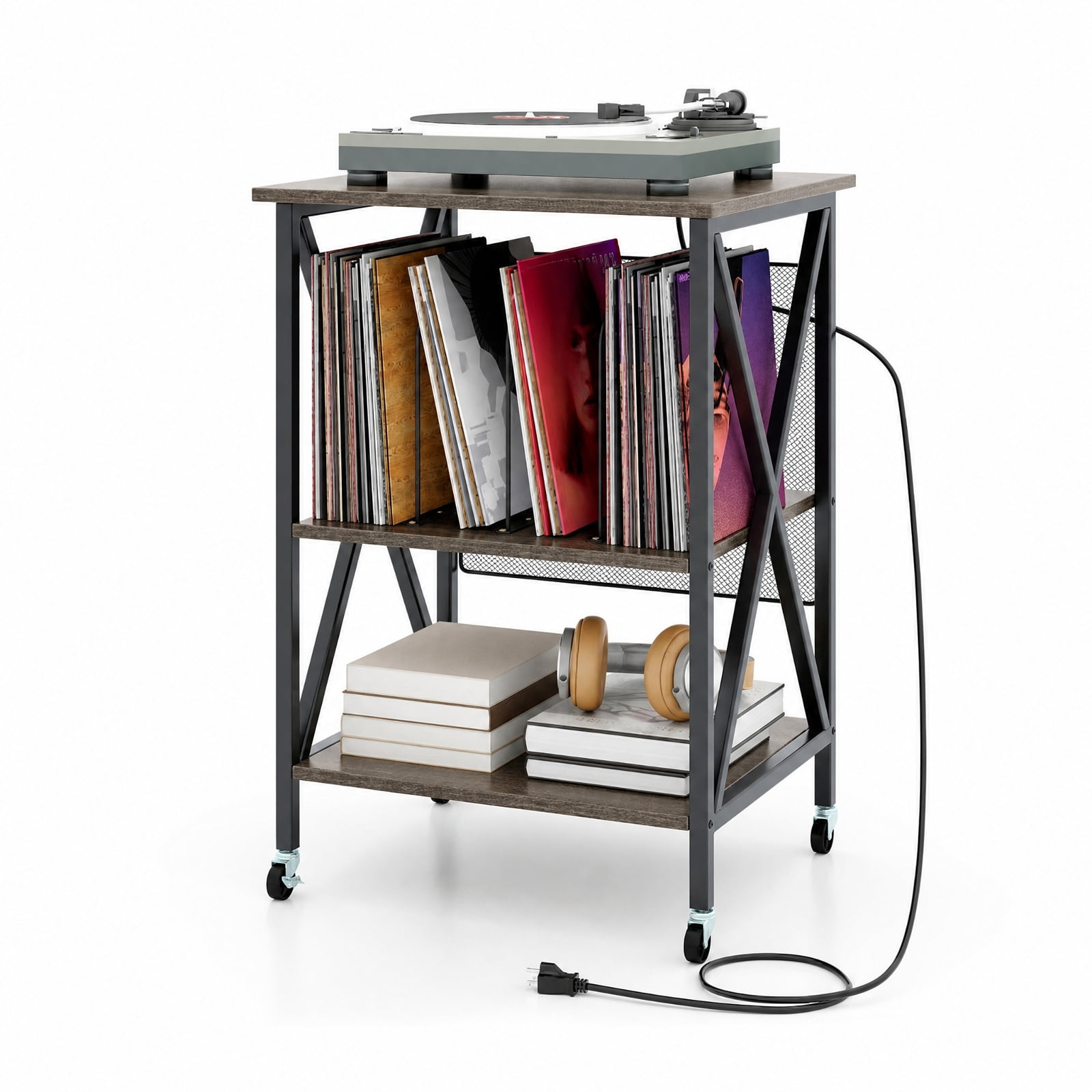 Furnibear Mid Century Record Player Stand with Built in Charging Station AC Outlets USB Ports and Removable Dividers for Living Room, Gray